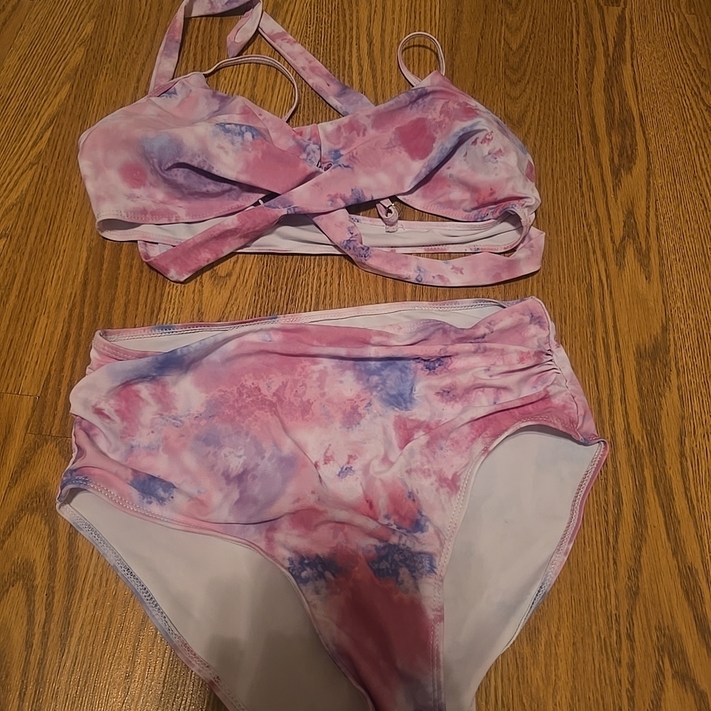 Pink Tie-Dye Cross-Front High-Waist Bikini Set